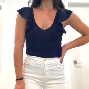 Navy Blue Ribbed Top with Ruffle Sleeves